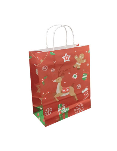 Punga cadou Craciun Colorarte 24257, B4, 26x35x12cm, 90g/mp, rosie, manere din hartie rasucita, motive de Craciun