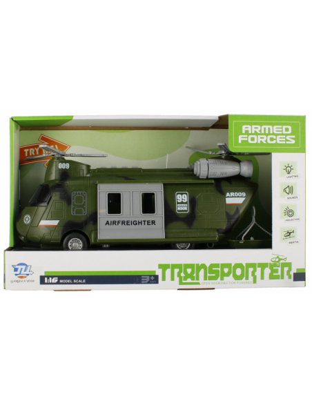 Elicopter militar de transport cu 2 elice MegaCreative 523951, 28cm, cu sunete si lumini, plastic, verde, 3+ ani