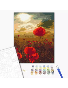 Set Pictura pe numere 40x50cm, Brushme - Camp cu maci - panza, cadru de lemn, pensule, culori acrilice, BS51961