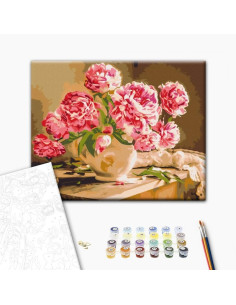 Set Pictura pe numere 40x50cm, Brushme - Vaza cu bujori - panza, cadru de lemn, pensule, culori acrilice, BS52704