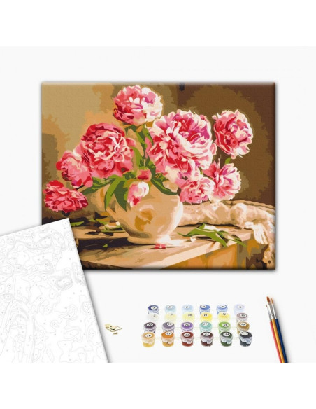 Set Pictura pe numere 40x50cm, Brushme - Vaza cu bujori - panza, cadru de lemn, pensule, culori acrilice, BS52704