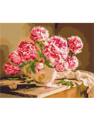 Set Pictura pe numere 40x50cm, Brushme - Vaza cu bujori - panza, cadru de lemn, pensule, culori acrilice, BS52704