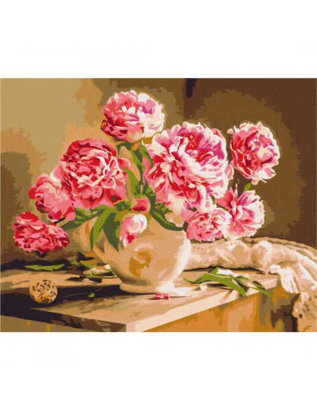 Set Pictura pe numere 40x50cm, Brushme - Vaza cu bujori - panza, cadru de lemn, pensule, culori acrilice, BS52704