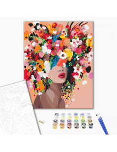 Set Pictura pe numere 40x50cm, Brushme - Coafura femeie cu flori - panza, cadru de lemn, pensule, culori acrilice, BS41053