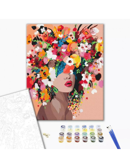 Set Pictura pe numere 40x50cm, Brushme - Coafura femeie cu flori - panza, cadru de lemn, pensule, culori acrilice, BS41053