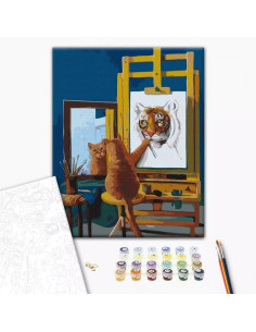 Set Pictura pe numere 40x50cm, Brushme - Motanul pictor - panza, cadru de lemn, pensule, culori acrilice, BS53459