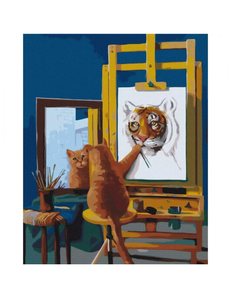 Set Pictura pe numere 40x50cm, Brushme - Motanul pictor - panza, cadru de lemn, pensule, culori acrilice, BS53459