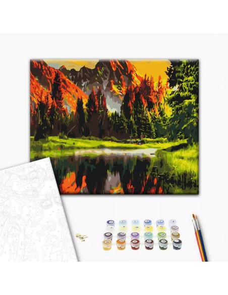 Set Pictura pe numere 40x50cm, Brushme - Apus de soare la munte - panza, cadru de lemn, pensule, culori acrilice, BS3348