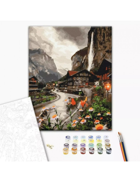 Set Pictura pe numere 40x50cm, Brushme - Zona montana in Elvetia - panza, cadru de lemn, pensule, culori acrilice, BS36527