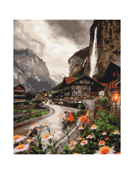 Set Pictura pe numere 40x50cm, Brushme - Zona montana in Elvetia - panza, cadru de lemn, pensule, culori acrilice, BS36527