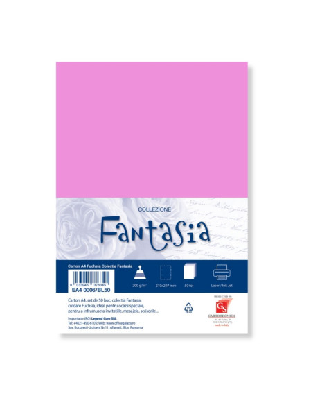 Carton colorat A4 COLORARTE FANTASIA, 200g/mp, fuchsia, top 50 coli