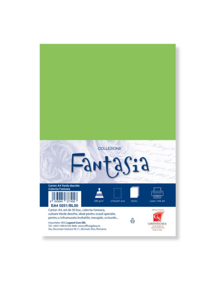 Carton colorat A4 COLORARTE FANTASIA, 200g/mp, verde deschis, top 50 coli