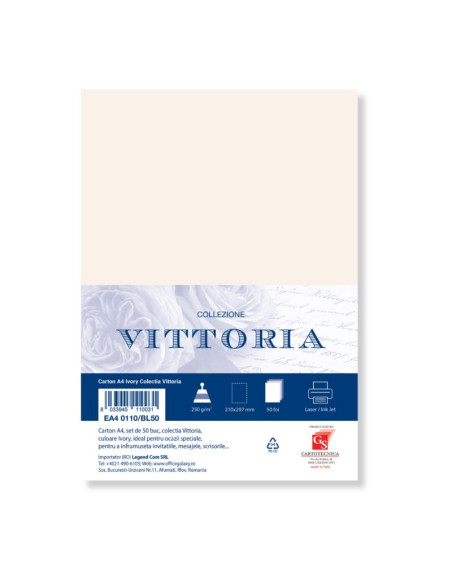 Carton colorat A4 COLORARTE  VITTORIA, 240g/mp, ivory, top 50 coli
