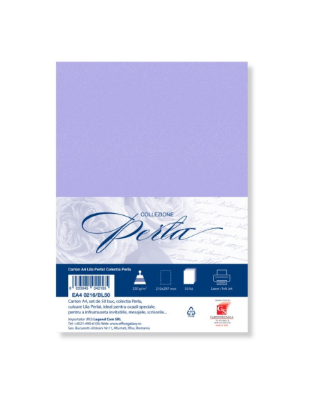 Carton colorat A4 COLORARTE PERLA, 250g/mp, lila perlat, top 50 coli