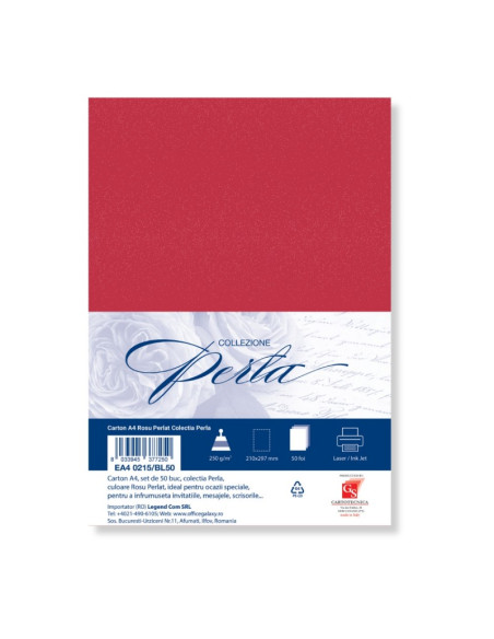 Carton colorat A4 COLORARTE  PERLA, 250g/mp, rosu perlat, top 50 coli