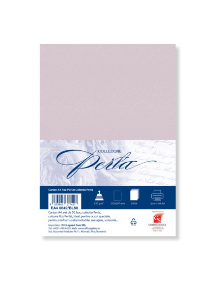 Carton colorat A4 COLORARTE PERLA, 250g/mp, roz perlat, top 50 coli