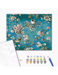 Set pictura pe numere 40x50cm, Brushme - Vrabiute pe ramuri - pensule, culori, BS435