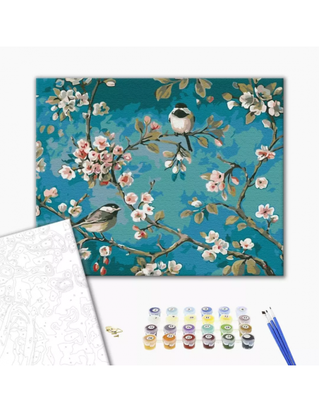 Set pictura pe numere 40x50cm, Brushme - Vrabiute pe ramuri - pensule, culori, BS435