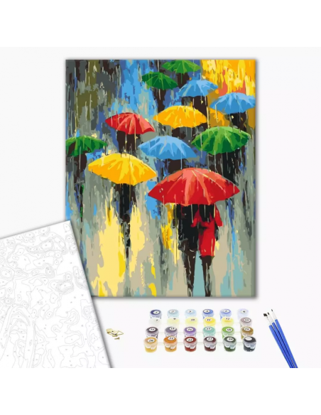Set pictura pe numere 40x50cm, Brushme - Umbrele in ploaie - pensule, culori, BS53048
