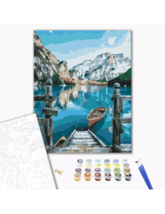 Set pictura pe numere 30x40cm, Brushme - Barca pe lacul Braies - pensule, culori, RBS29450
