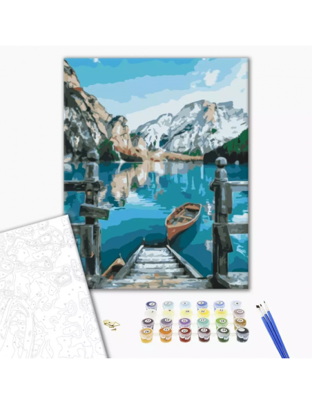 Set pictura pe numere 30x40cm, Brushme - Barca pe lacul Braies - pensule, culori, RBS29450