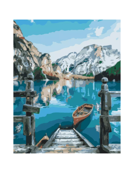 Set pictura pe numere 30x40cm, Brushme - Barca pe lacul Braies - pensule, culori, RBS29450