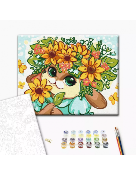 Set pictura pe numere 30x40cm, Brushme - Iepuras cu flori - pensule, culori, KBS0141