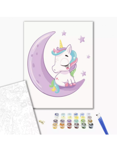Set pictura pe numere 30x40cm, Brushme - Unicorn pe luna - pensule, culori, KBS7119
