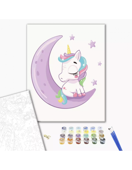 Set pictura pe numere 30x40cm, Brushme - Unicorn pe luna - pensule, culori, KBS7119