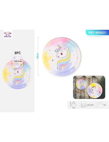 Farfurii aniversare PartyGo, 18cm, carton, imprimeu unicorn, BR0021, set 8 buc