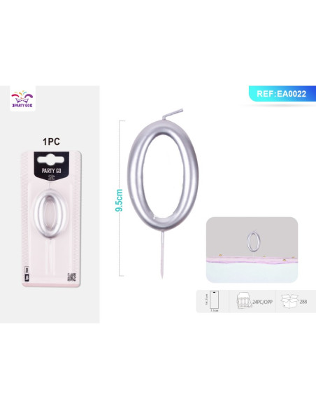 Lumanari aniversare pentru tort PartyGo cifra 0, 6cm, argintiu, EA0022