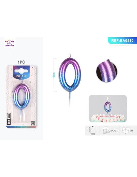 Lumanari aniversare pentru tort PartyGo cifra 0, 6cm, mov / albastru, EA0410