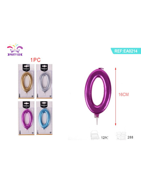 Lumanari aniversare pentru tort PartyGo cifra 0, 16cm, diverse culori metalizate, EA0214