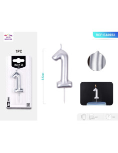 Lumanari aniversare pentru tort PartyGo cifra 1, 6cm, argintiu, EA0023