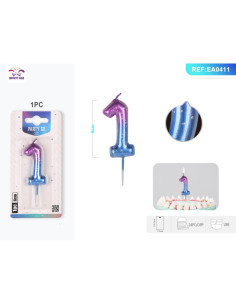 Lumanari aniversare pentru tort PartyGo cifra 1, 6cm, mov / albastru, EA0411