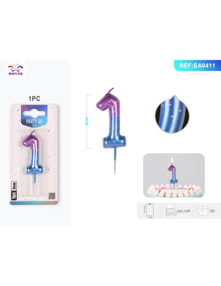 Lumanari aniversare pentru tort PartyGo cifra 1, 6cm, mov / albastru, EA0411