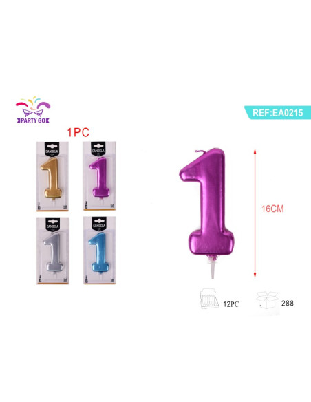 Lumanari aniversare pentru tort PartyGo cifra 1, 16cm, diverse culori metalizate, EA0215