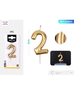 Lumanari aniversare pentru tort PartyGo cifra 2, 6cm, auriu, EA0014