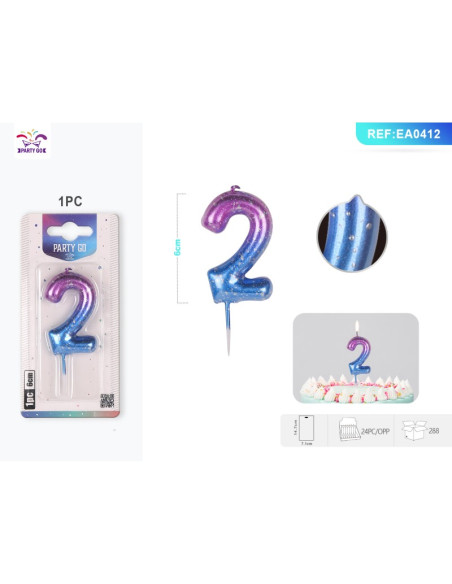 Lumanari aniversare pentru tort PartyGo cifra 2, 6cm, mov / albastru, EA0412