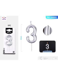 Lumanari aniversare pentru tort PartyGo cifra 3, 6cm, argintiu, EA0025