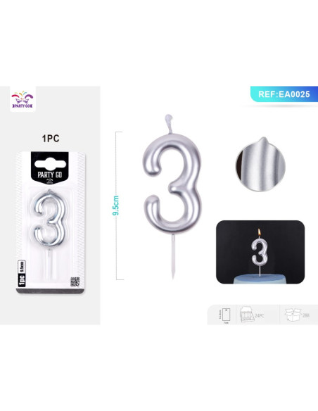 Lumanari aniversare pentru tort PartyGo cifra 3, 6cm, argintiu, EA0025