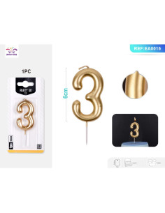 Lumanari aniversare pentru tort PartyGo cifra 3, 6cm, auriu, EA0015