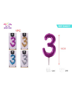 Lumanari aniversare pentru tort PartyGo cifra 3, 16cm, diverse culori metalizate, EA0217