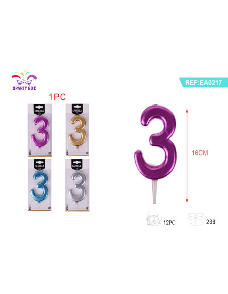 Lumanari aniversare pentru tort PartyGo cifra 3, 16cm, diverse culori metalizate, EA0217