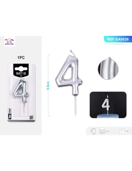 Lumanari aniversare pentru tort PartyGo cifra 4, 6cm, argintiu, EA0026