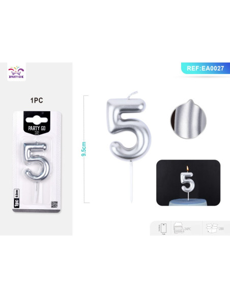 Lumanari aniversare pentru tort PartyGo cifra 5, 6cm, argintiu, EA0027