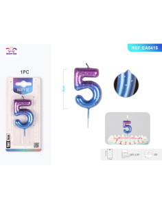 Lumanari aniversare pentru tort PartyGo cifra 5, 6cm, mov / albastru, EA0415
