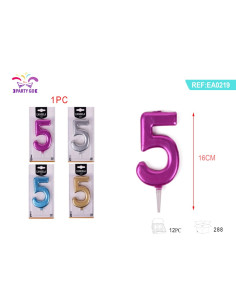 Lumanari aniversare pentru tort PartyGo cifra 5, 16cm, diverse culori metalizate, EA0219