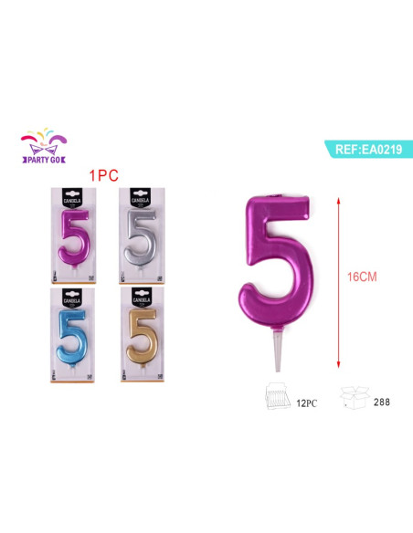 Lumanari aniversare pentru tort PartyGo cifra 5, 16cm, diverse culori metalizate, EA0219