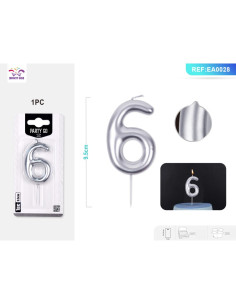 Lumanari aniversare pentru tort PartyGo cifra 6, 6cm, argintiu, EA0028